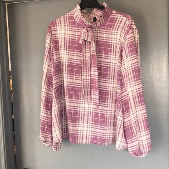SHEIN Tops - 3XL Shein Long Sleeve pink plaid Top ruffle collar front bow back closure